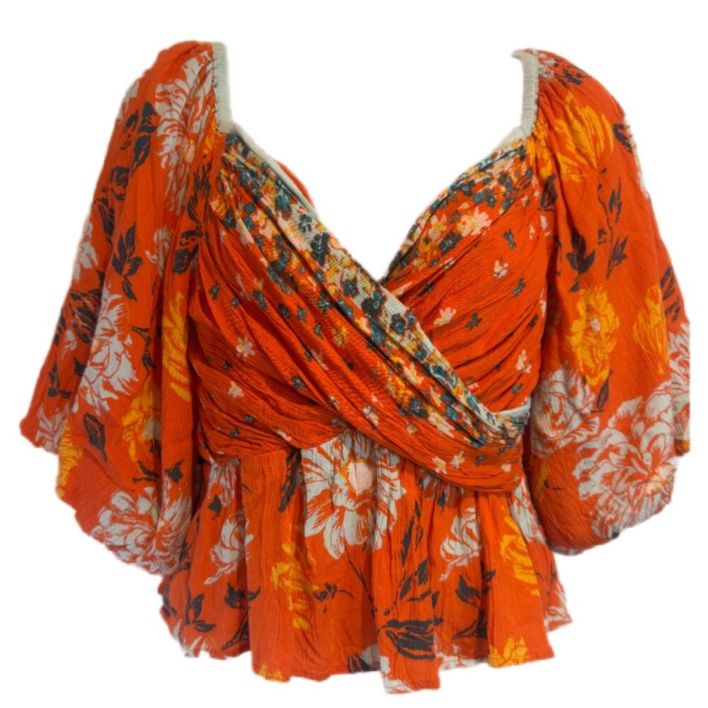 Free People Mirabella Crop Top Floral Burnt Orange Puff Sleeve Womens Apx Sz S